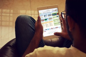 Website survey man on tablet
