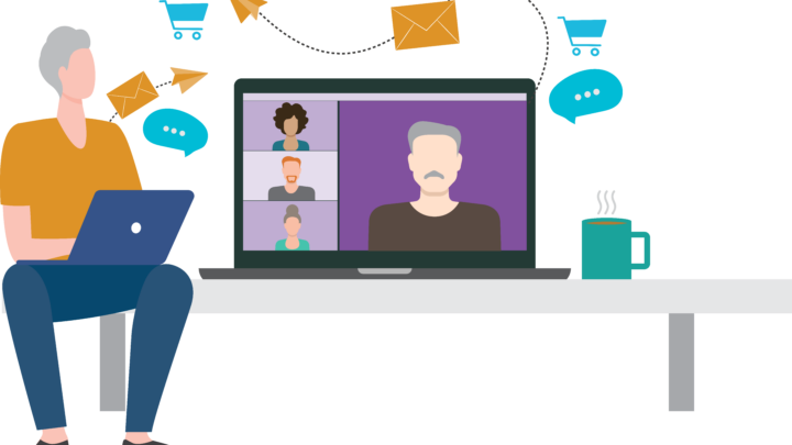Drawing of man with laptop and large screen