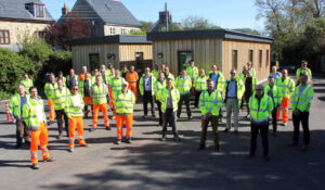 The Highways team enjoy a hybrid way of working - here they gather for a 'toolbox' talk at the new Bridport depot. The team combine virtual and face to face meetings.