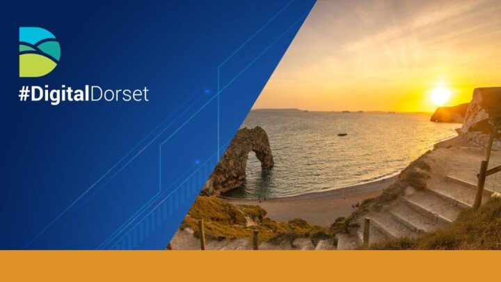 Photograph of Durdle Door with wording Digital Dorset and the Dorset Council logo