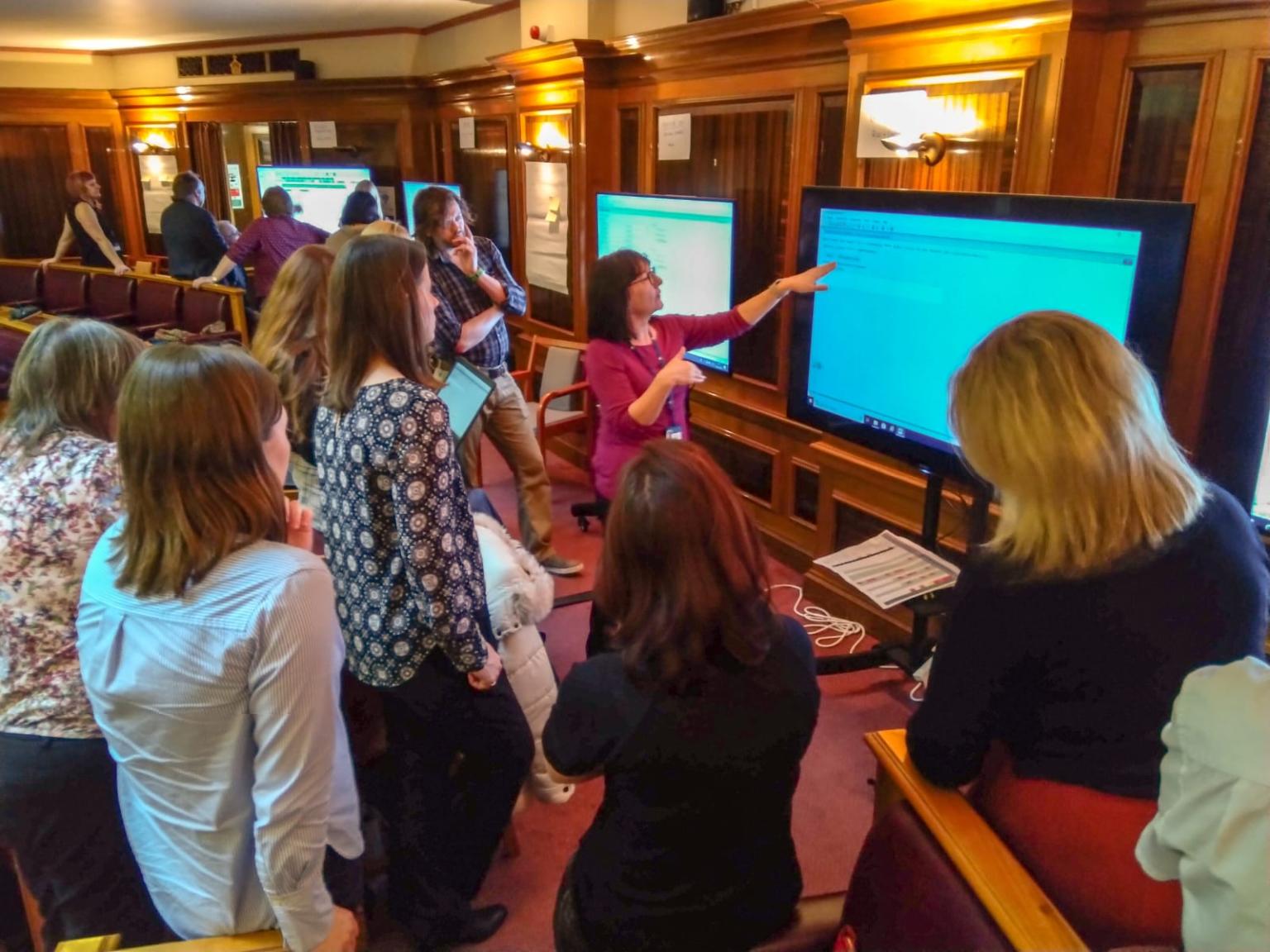 Group of people around a screen viewing a system demo
