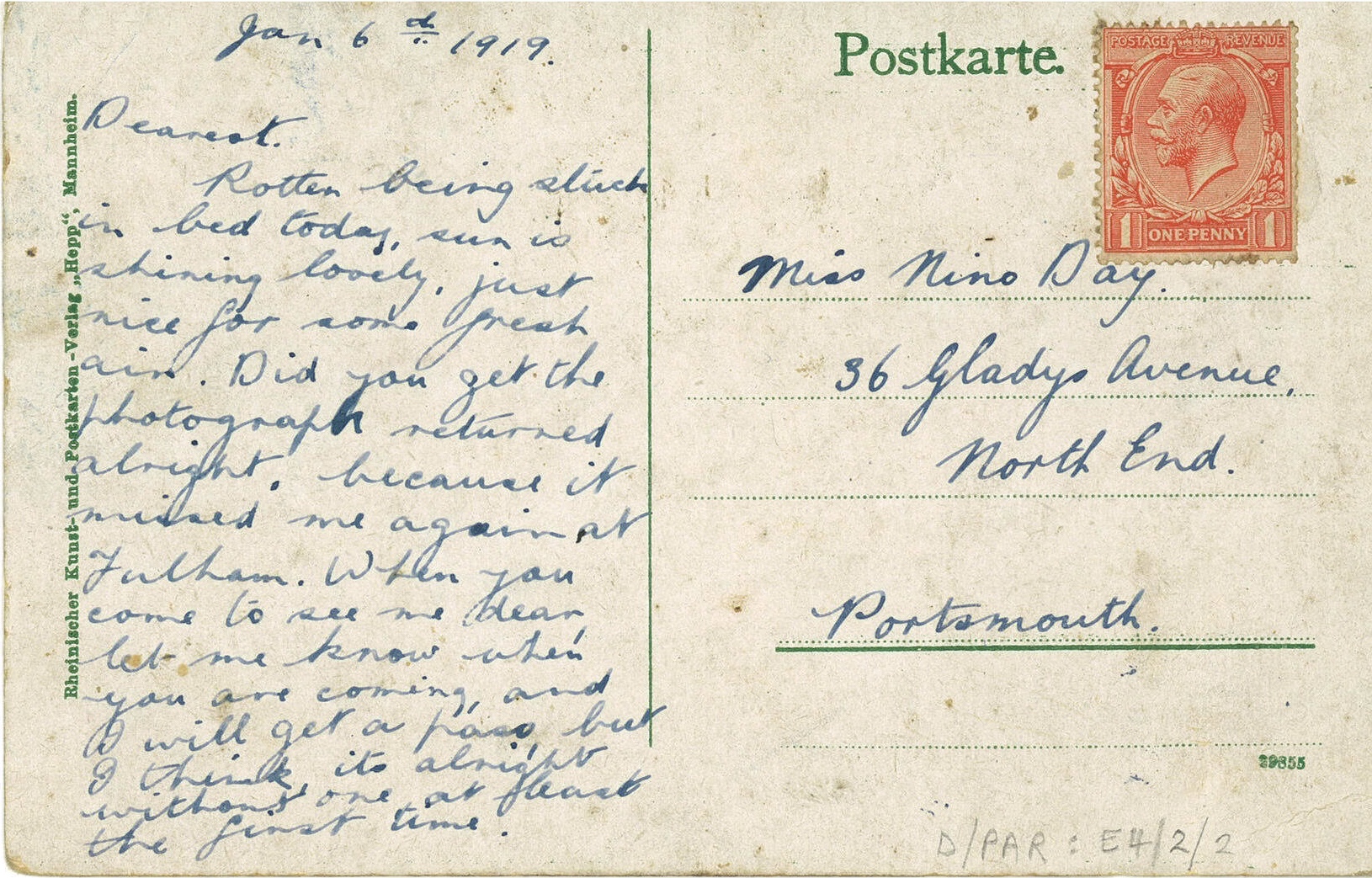 Postcard from Len Parsons: front, reference: D-PAR/E/4/2/2