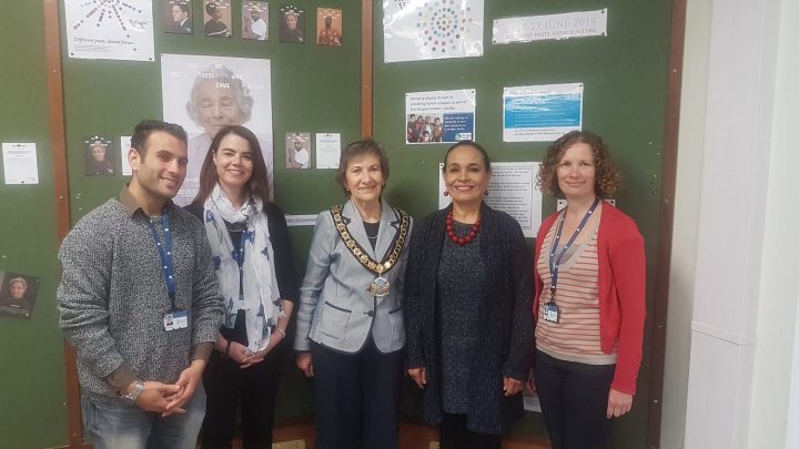 From left: Hamza Bakkor Dorset Council Case Worker, Jenny Willoughby, Syrian Programme Officer, Cllr Pauline Batstone, Dorset Council Chairman, Mona Elkotory , South West Dorset Multicultural Network and Susan Ward-Rice, Dorset Council Diversity and Inclusion Officer.