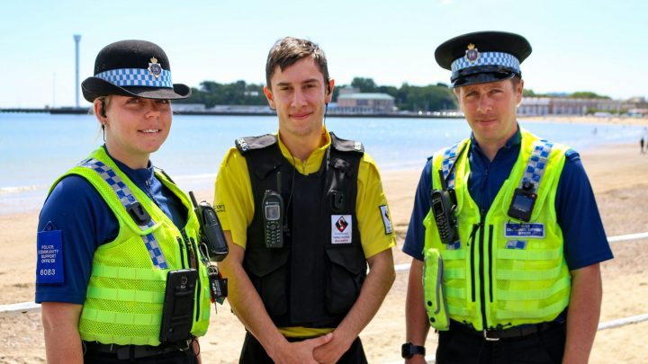 Our patrol officer Sam, centre, pictured with Police Community Support Officers Alice and Simon on the beat in Weymouth