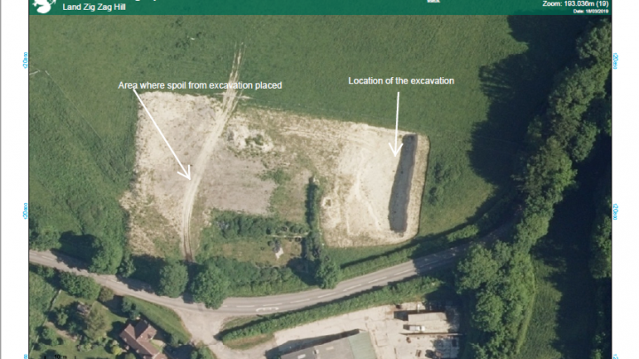 Aerial photo showing unauthorised excavation works at Zig Zag Hill
