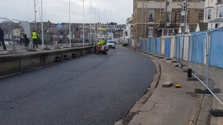 Looking down Custom House Quay at new surface without railway lines