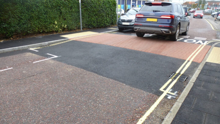 New road hump in station road with imprinted surface and red colour coating