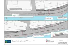 Birdseye view drawing of the temporary layout for Custom House Quay