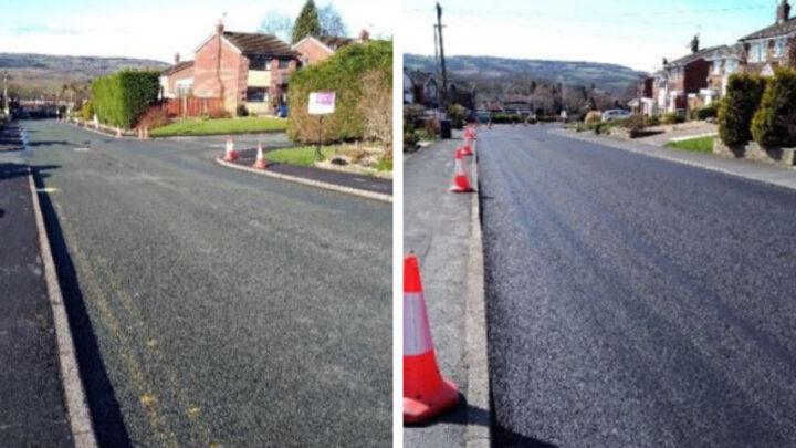A before and after image of a road having had micro-surfacing treatment