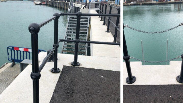 Key clamp railings and chain link railings in place elsewhere on Weymouth harbour