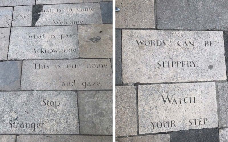 split image of two inscribed paving slabs