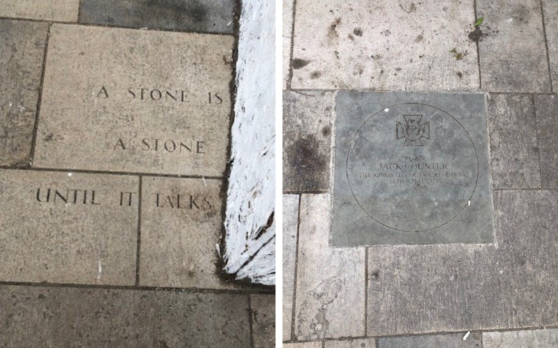 split image of two inscribed paving slabs