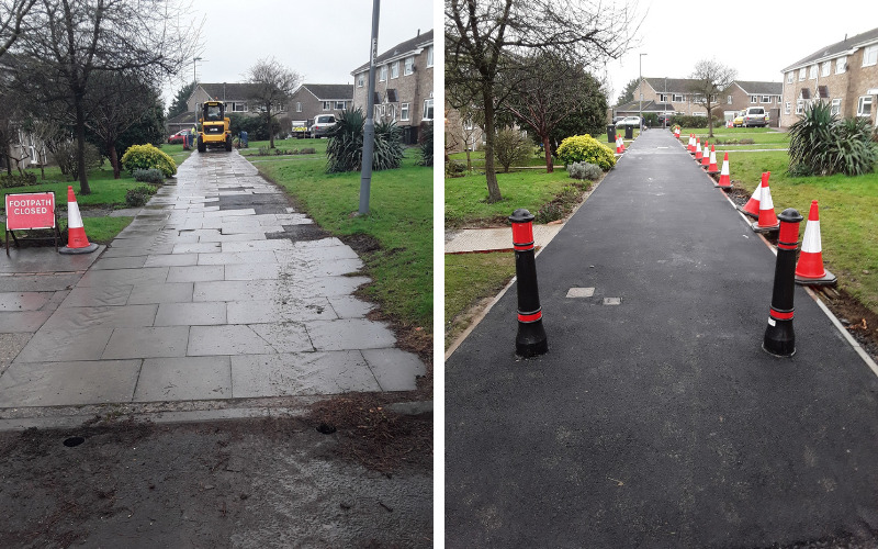 Before image of broken paving slabs with after image of completed works and new smooth surface