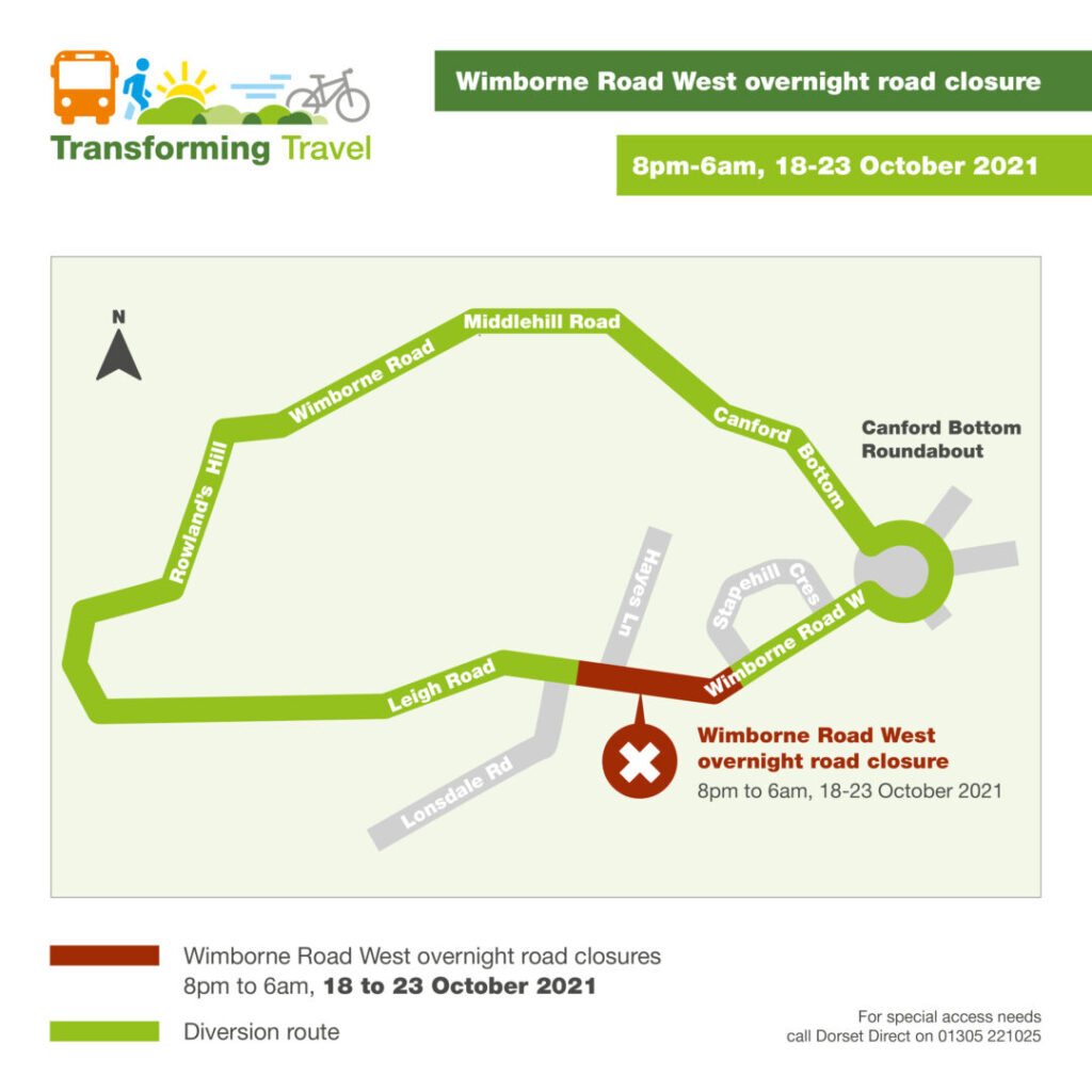 Map showing location of Wimborne Road West overnight road closure