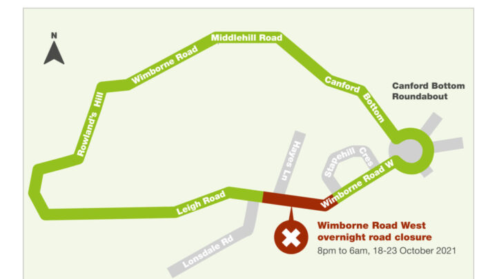Map showing location of Wimborne Road West overnight road closure
