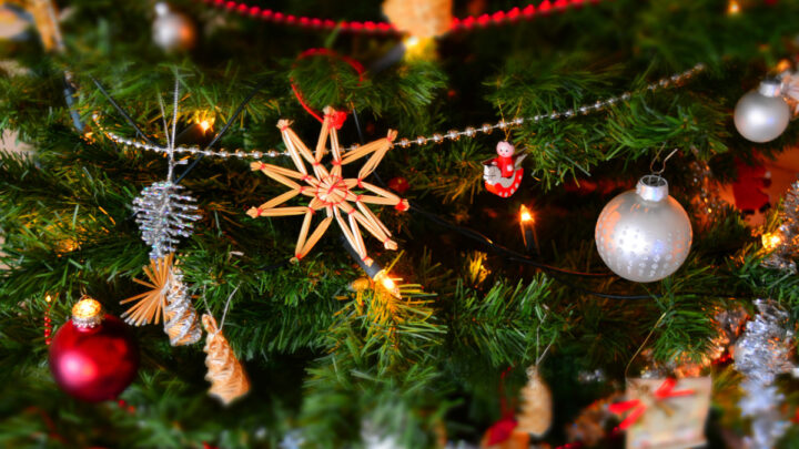 close up of decorations on Christmas tree