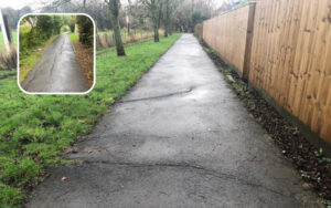 Image of cycleway cracks with inset image of longitudinal damage