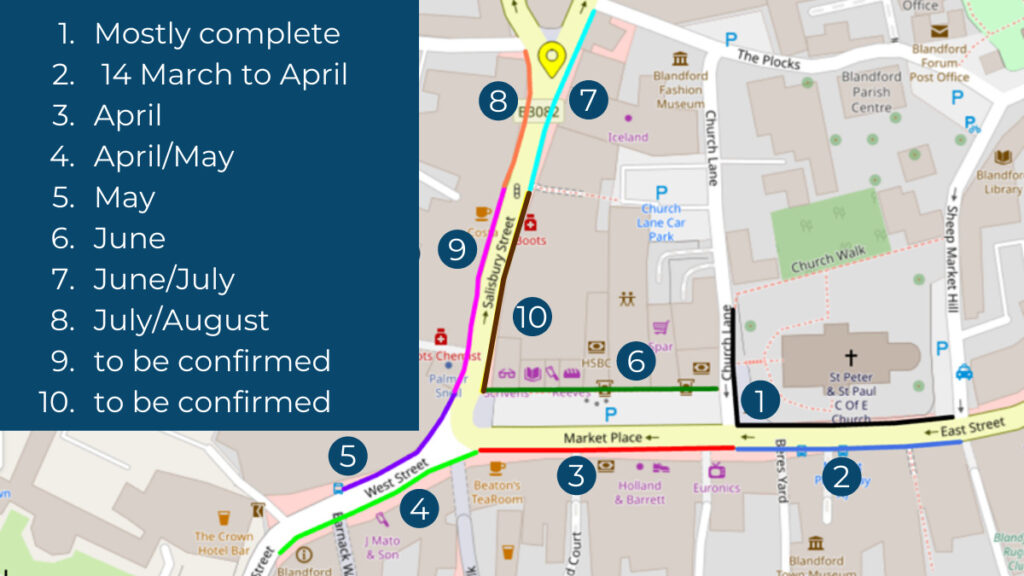 a map labelled to show which areas of pavement are being replaced and in which order