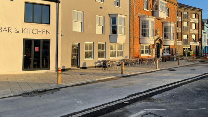 Custom House Quay with some paving finished and road and footway soon to be surfaced
