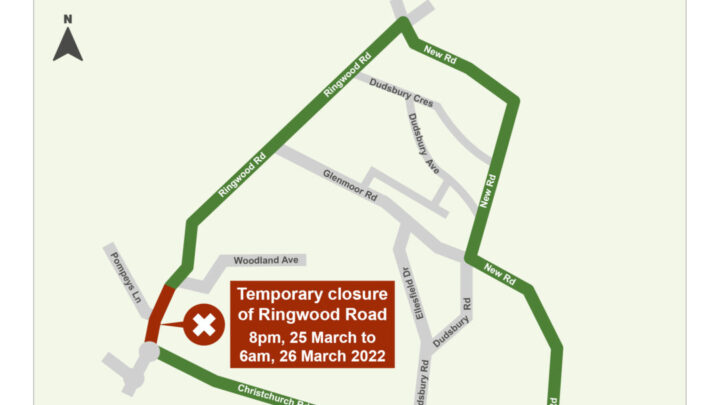 Map showing location of overnight closure on Ringwood Road