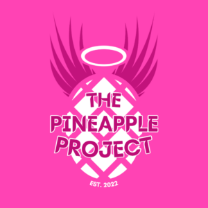 logo of Pineapple Project, a pineapple with a halo and wings on pink background