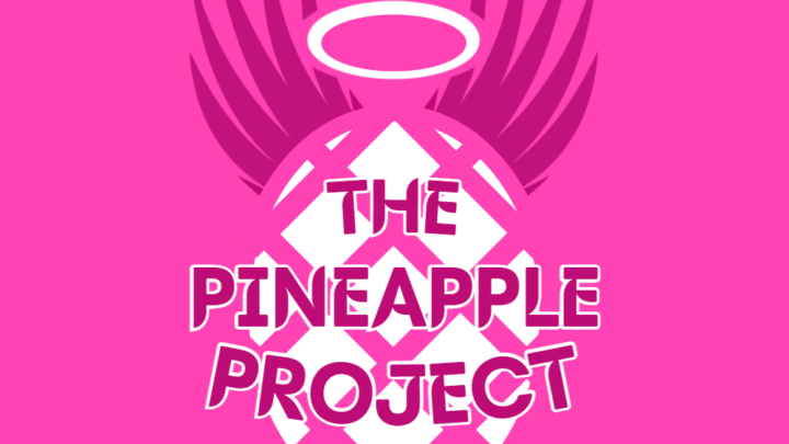 logo of Pineapple Project, a pineapple with a halo and wings on pink background