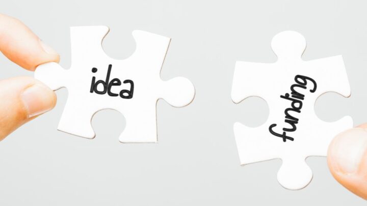 A photograph of two pieces of a puzzle joining with the labels 'idea' and 'funding'
