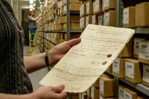 person holding old document in Dorset History Centre archive