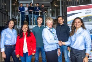 Cllr Jill Haynes welcomes the visitors from Colombia to Dorset at the Battlelab