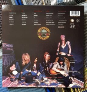 Back cover of fake vinyl copy of Guns n Roses album "Appetite for Destruction"
