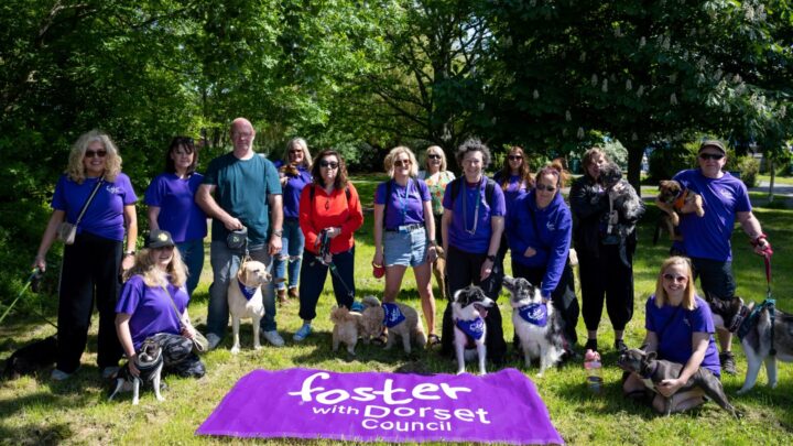 a group of people and dogs outside with a purple banner and wearing purple tshirts