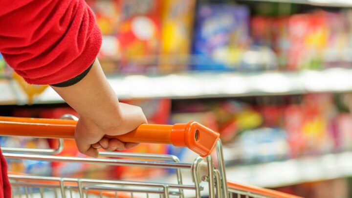 Someone pushing a trolley down a shopping aisle