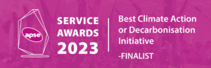 Purple background with white outline of award trophy and text reading Service Awards 2023, Best climate action or decarbonisation initiative - Finalist