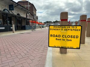 Road sign at Custom House Quay showing that road closed